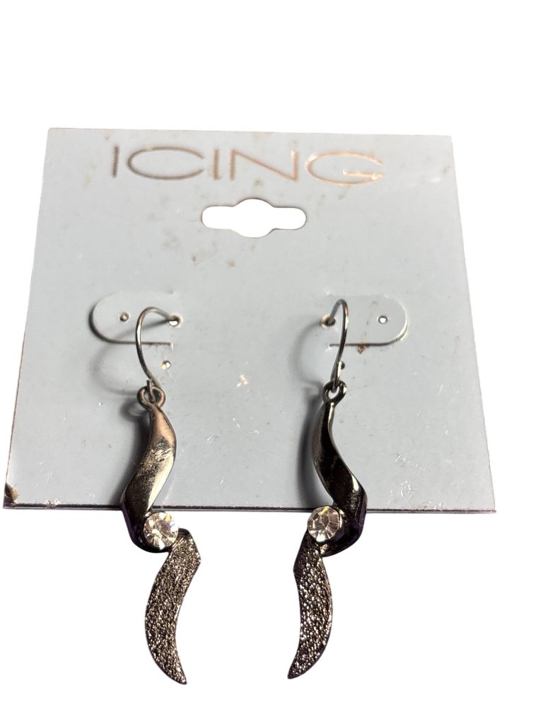 Icing Gunmetal Textured Twist Dangle Earrings Clear Rhinestone 15 Inches New 14$